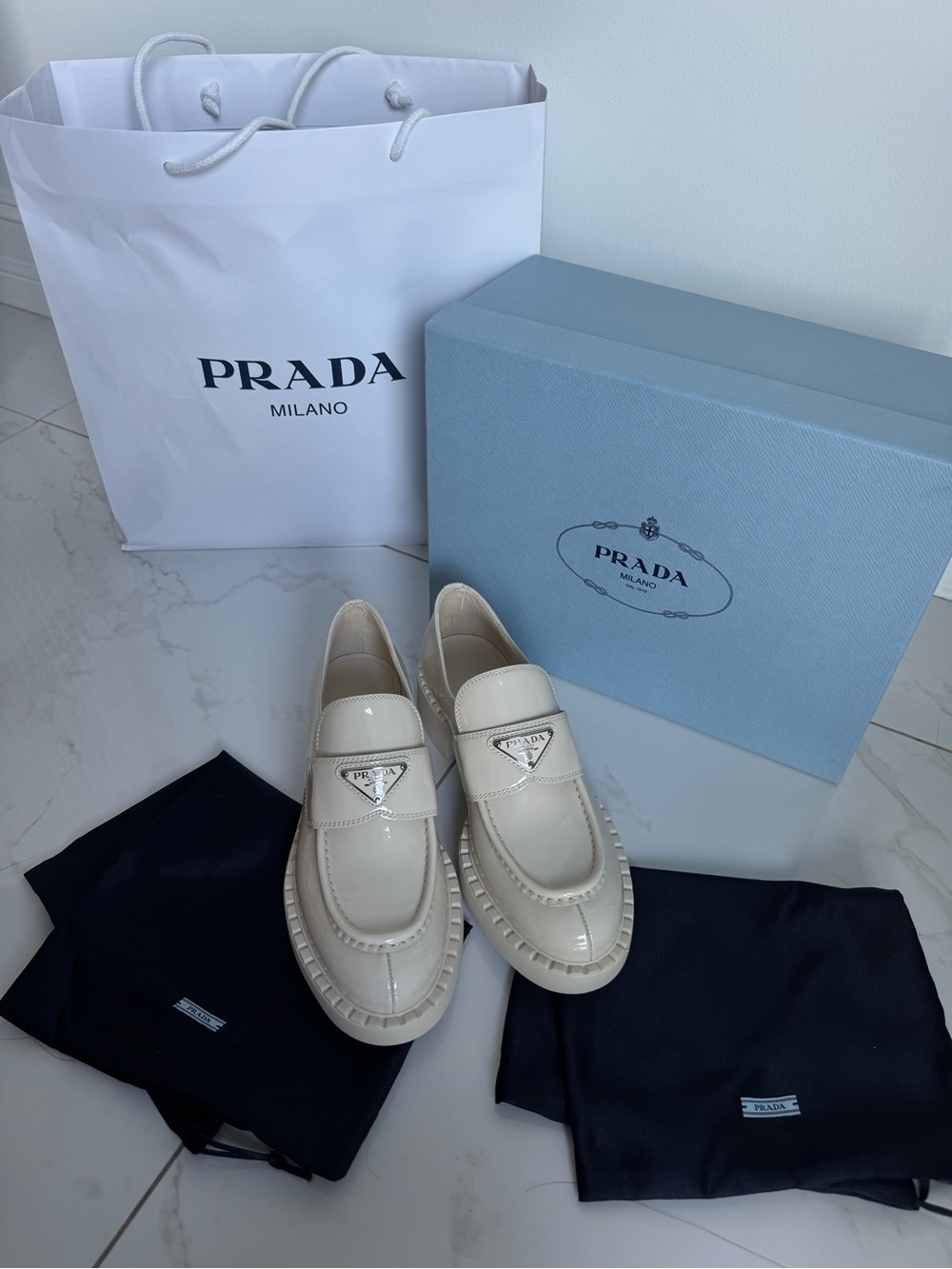 Prada Cream Leather Chocolate Loafers